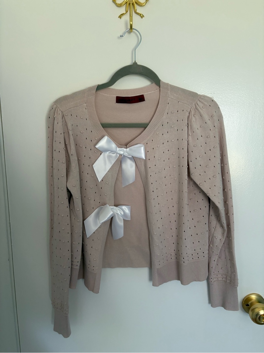 Delicate Bow-Accent Knit Cardigan - Light Blush